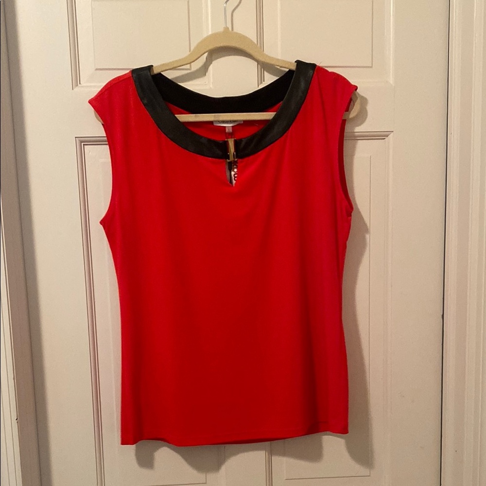 Red and Black Sleeveless Top with leather detail